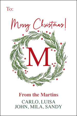 Pine Monogram Wreath Christmas Gift Tag