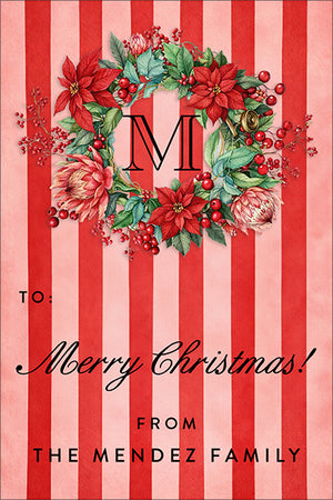 Pink Stripe Poinsettia Wreath Personalized Christmas Gift Tags