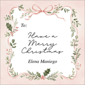 Pink Ribbon Botanical Personalized Christmas Gift Tags