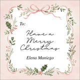 Pink Ribbon Botanical Personalized Christmas Gift Tags
