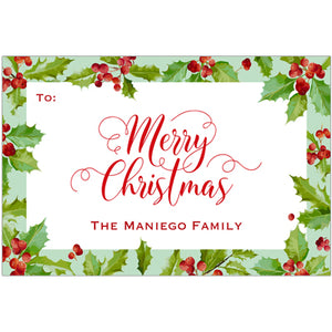Green Christmas Holly Holiday Gift Tag