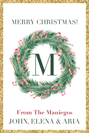 Glittery Monogram Wreath Christmas Holiday Gift Tag
